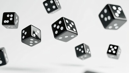 Black dice floating in mid-air against a light gray background.  Several dice are in various positions, seemingly in motion.  High-resolution image with a smooth, polished look to the dice