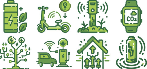 A set of green eco technology icons isolated on transparent background, illustrating sustainable energy, smart agriculture, and environmental monitoring.