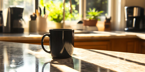 Black Coffee Mug on Kitchen Counter with Sunlight and Herbs