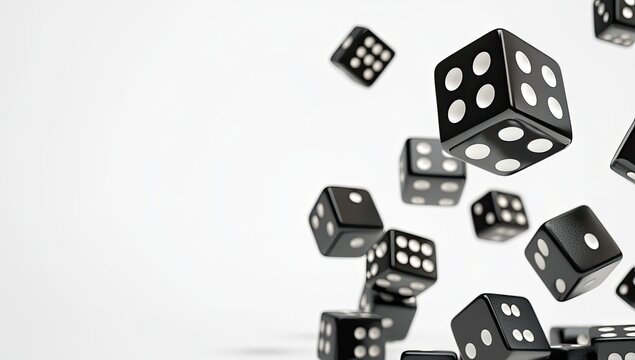 Black dice tumbling in mid-air against a plain white background