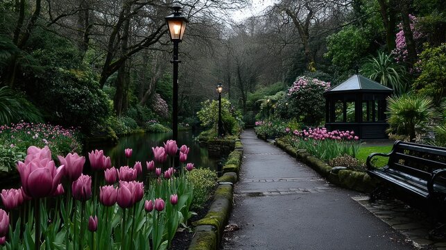 A tranquil park path lined with vibrant flowers and a canal