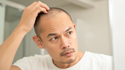 Obraz premium 頭皮や髪の状態を確認する男性｜薄毛,ヘアケア,悩み 