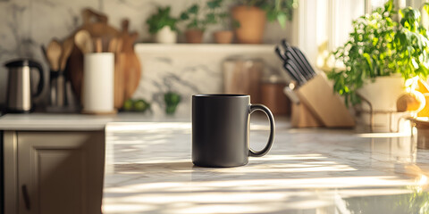 Black Mug on Bright Kitchen Counter with Natural Light and Green Plants 