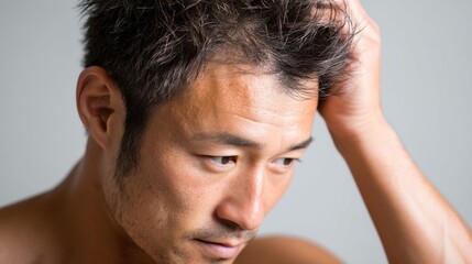Fototapeta premium 頭皮や髪の状態を確認する男性｜薄毛,ヘアケア,悩み 