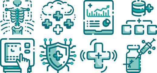 Collection of teal medical icons showcasing digital health and data security, isolated on transparent background.