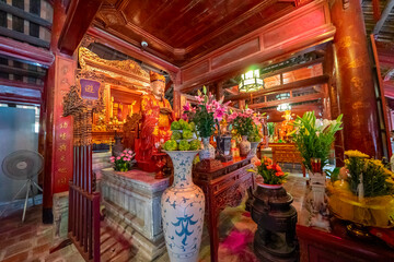 Interior altar of the Temple of Literature in Hanoi, Vietnam, featuring Chinese philosopher Confucius.