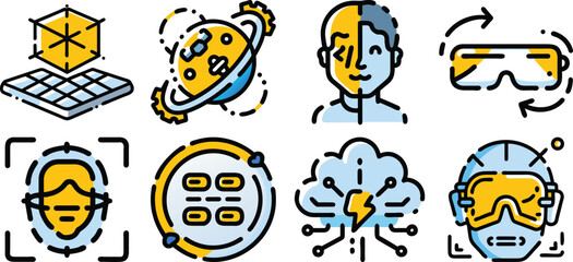 A set of broken line yellow and blue technology icons isolated on transparent background, representing virtual and augmented reality, 3d modeling, and facial recognition.