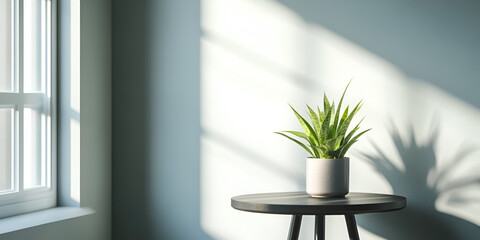 Green Potted Plant on Round Table in Sunlit Minimal Room