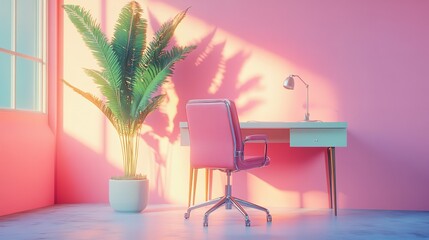 Pink aesthetic office setup with desk chair and plant for home office design and workspace inspiration