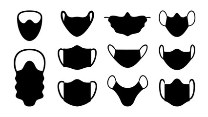 Set of face mask icons silhouette vector on tranparent background