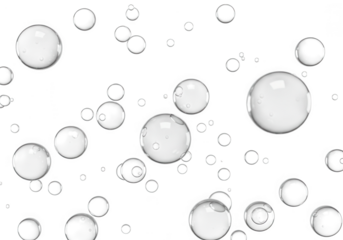 Numerous transparent bubbles floating upwards, isolated on transparent background