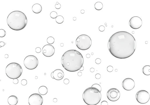 Numerous transparent bubbles floating upwards, isolated on transparent background