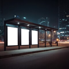 Nighttime cityscape with an empty, three-paneled bus shelter ad space, illuminated against a backdrop of skyscrapers and blurred traffic