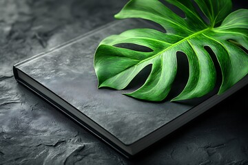 Monstera Leaf on Black Laptop Placed on Dark Surface

