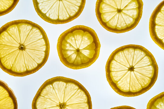 Fresh lemon slices making pattern on a white background.