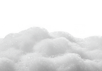 A fluffy pile of white soap foam and bubbles isolated on a clean white background, creating an abstract texture