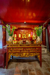 Interior altar of the Temple of Literature in Hanoi, Vietnam, featuring Chinese philosopher Confucius.