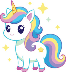 Cute cartoon unicorn with a rainbow mane and tail pink hearts on its body and yellow stars scattered around it isolated on transparent background