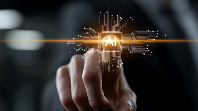 Hand Touching Glowing Ai Icon with Circuitry Effect in Dark Background Digital Network Connectivity Futuristic Concept for Adobe Stock