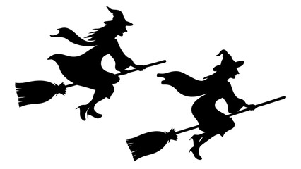 Set Of Flying Witch Silhouettes on Broomsticks