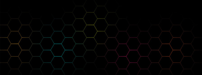 Abstract Hexagonal Grid with Gradient Colors on Dark Background