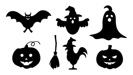 Set of Halloween silhouette collection elements on tranparent background
