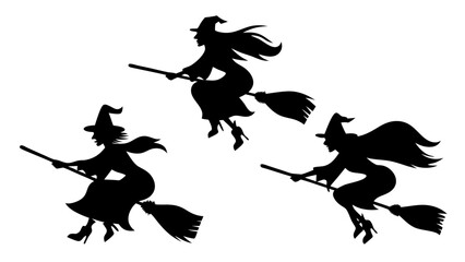 Set Of Flying Witch Silhouettes on Broomsticks