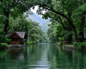Lush canal flanked by tropical vegetation