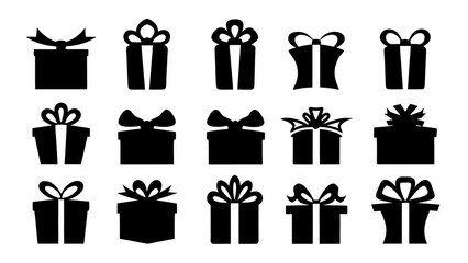  Gift boxes with ribbon icons Set. Gift box flat silhouette set.