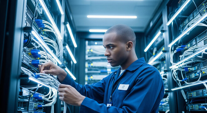 Focused IT technician managing network cables in a modern data center filled with server racks and blue LED lighting. The professional wears a blue uniform with an ID badge labeled "IT", indicating a 