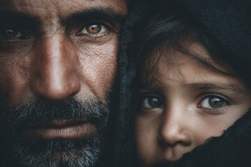 close up portrait refugees muslim family in europe . High quality