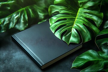 Black Book Partially Hidden Beneath Lush Green Leaves on Dark Surface

