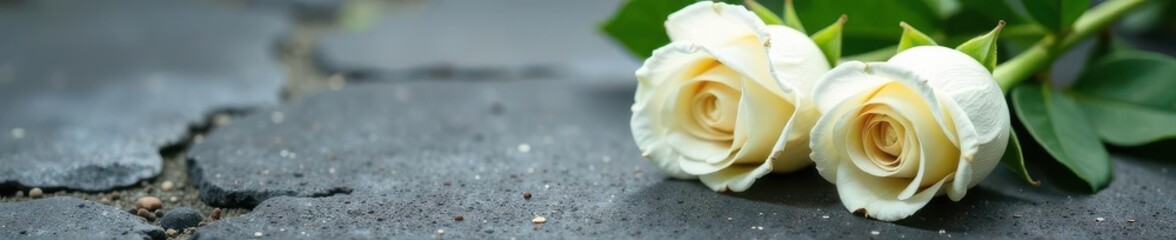 Pair of white roses atop textured stone surface , romantic, art