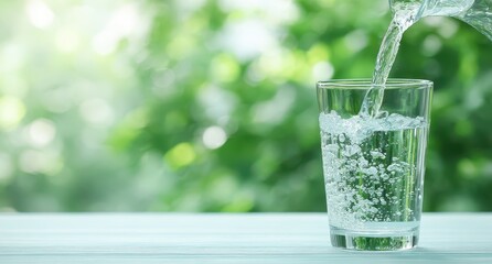 Clear water pours from a bottle into a glass on a pale blue table against a blurred green background