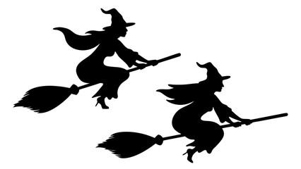 Set Of Flying Witch Silhouettes on Broomsticks