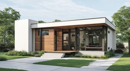 Modern single-story house with flat roof, wood siding, large glass windows, and concrete walkway.  Landscaped lawn with trees