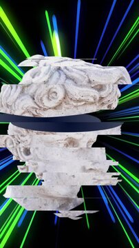 Animation of antique sculpture head over light trails