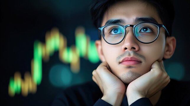 Thoughtful young man analyzing stock market data with graphs behind