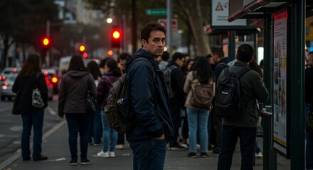 Man with backpack waits at a city bus stop, lost in thought amidst the urban blur.