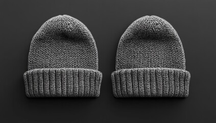 Two identical gray knitted beanies on a dark background
