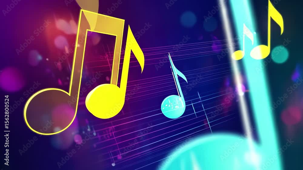 Poster vivid abstract display of a central music note surrounded by colorful patterns and light effects, ce