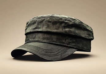 Dark Green Military-Style Cap with Distressed Finish

