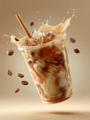 Transparent plastic cup of iced coffee with splash effect, surrounded by coffee beans, creates dynamic and refreshing scene. swirling mix of coffee and cream adds sense of motion