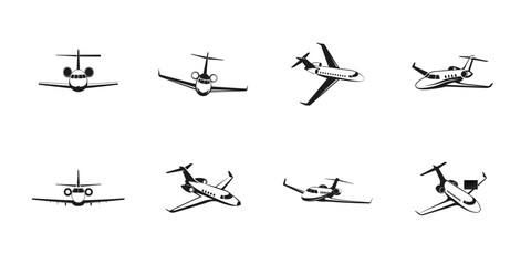 Minimal black silhouette jet icon set, private aircraft vector collection, aviation transport symbols, corporate airplane pack for design and branding


