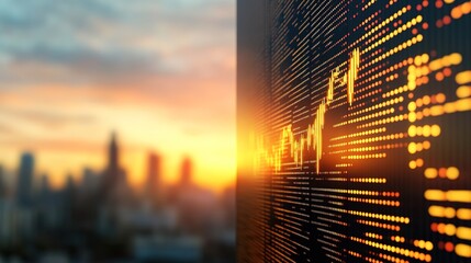 Sunset Cityscape with Abstract Financial Chart Display in Focus