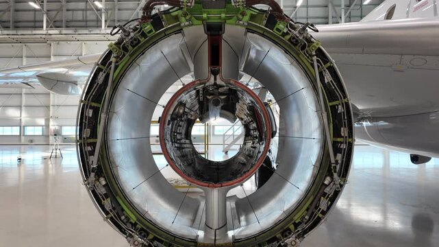 Engineers Working on a jet engine in an airplane hangar