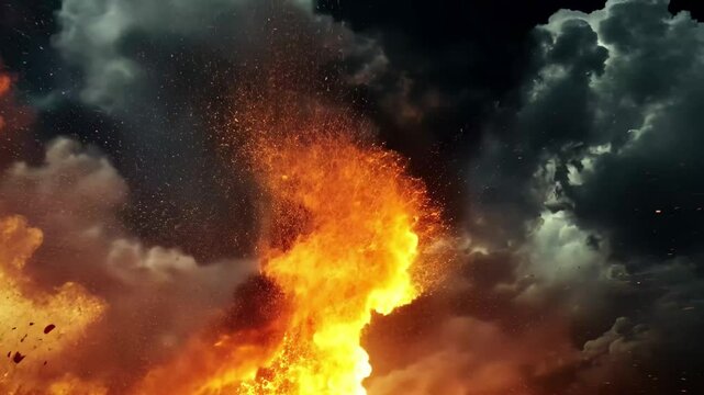 Powerful tornado engulfed in flames striking the earth amidst a fierce storm, tornado with fire burn strike earth, bad weather environment videoing