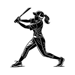 Silhouette of a female baseball player in action swinging a bat with a ponytail and cap