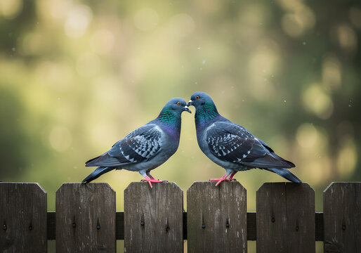 Two Pigeons Perched on Wooden Fence | Romantic Bird Couple for Nature, Wildlife and Valentine's Day Images - Powered by Adobe