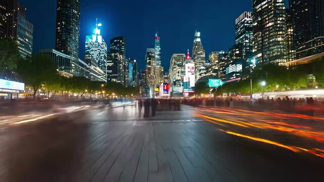 Vibrant hyperlapse of tourists exploring popular attractions at night in Nat, Hyperlapse of people at popular tourist spot in Nathan Phillips Square in Toronto